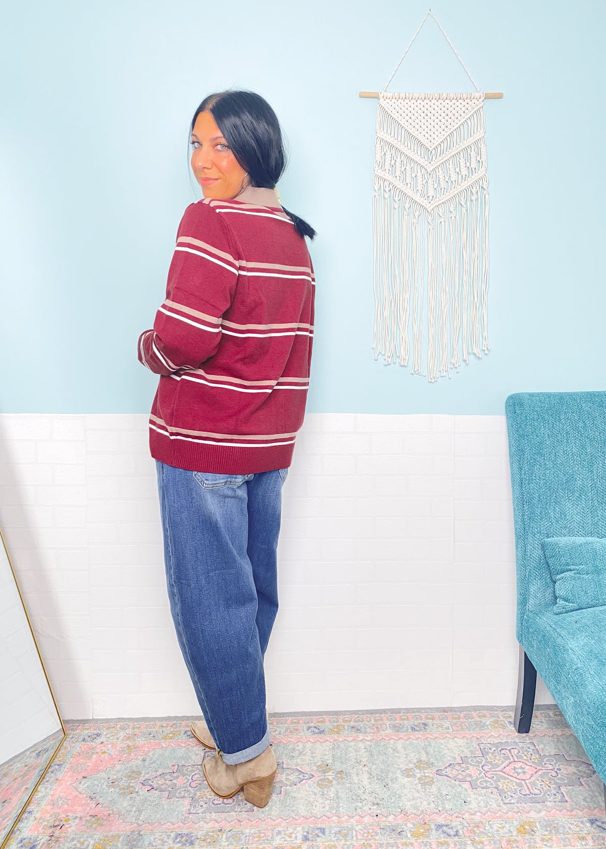 'Sideline Cutie' Burgundy + Taupe Stripe Polo Cardigan