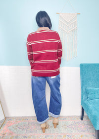 'Sideline Cutie' Burgundy + Taupe Stripe Polo Cardigan