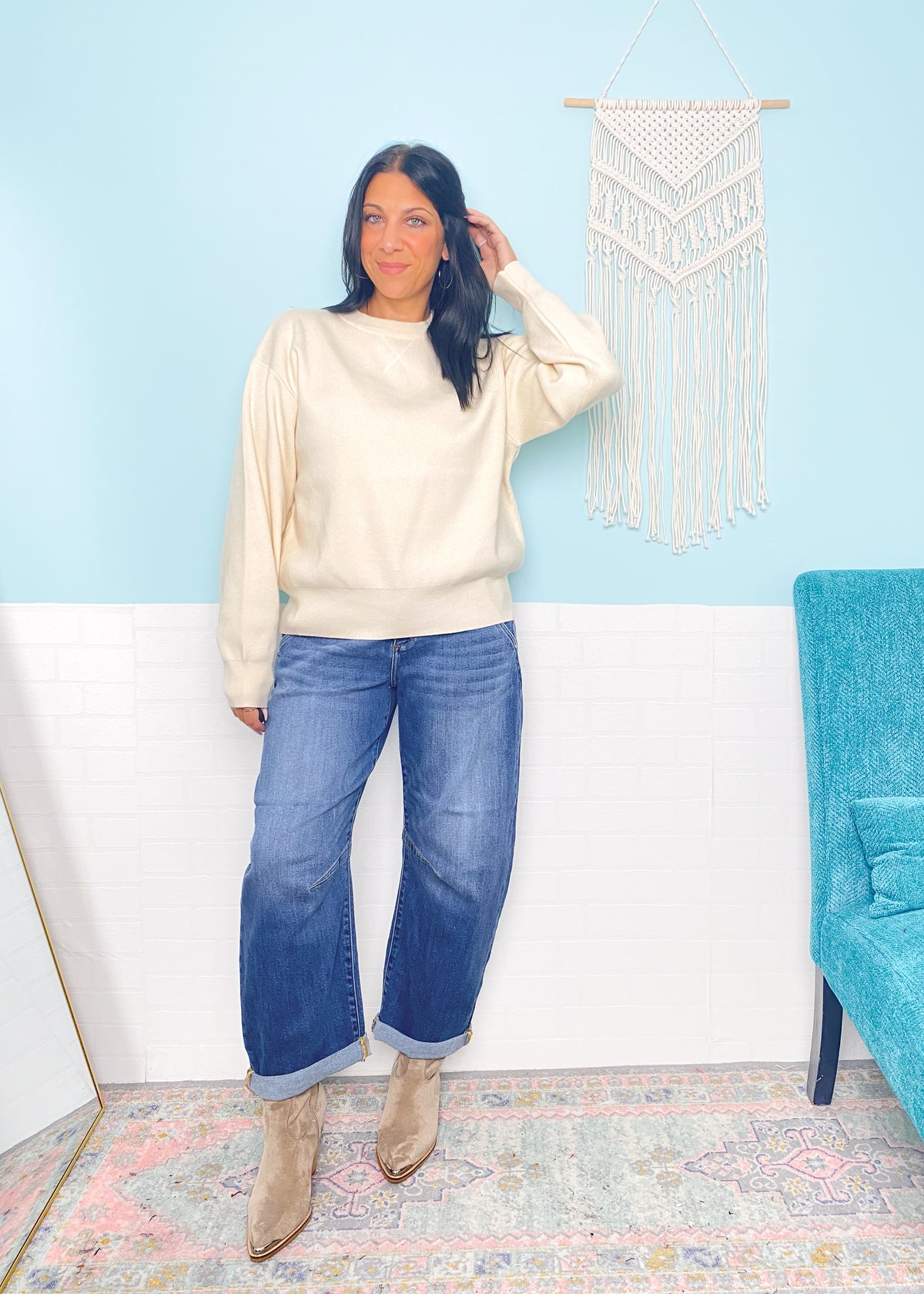'Valley High' Vanilla Boyfriend Fit Ribbed Sweater