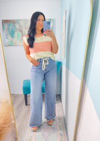 'Sunset Strip' Pink Peach Colorblock Stripe Sleeveless Sweater-This colorblock stripe sleeveless sweater made of lux knit fabric is made for effortless styling + layering. The fabric is as luxurious as it comes. You will love this for weekend brunch, golden hour vacation strolls and office outfit rotations!-Cali Moon Boutique, Plainville Connecticut