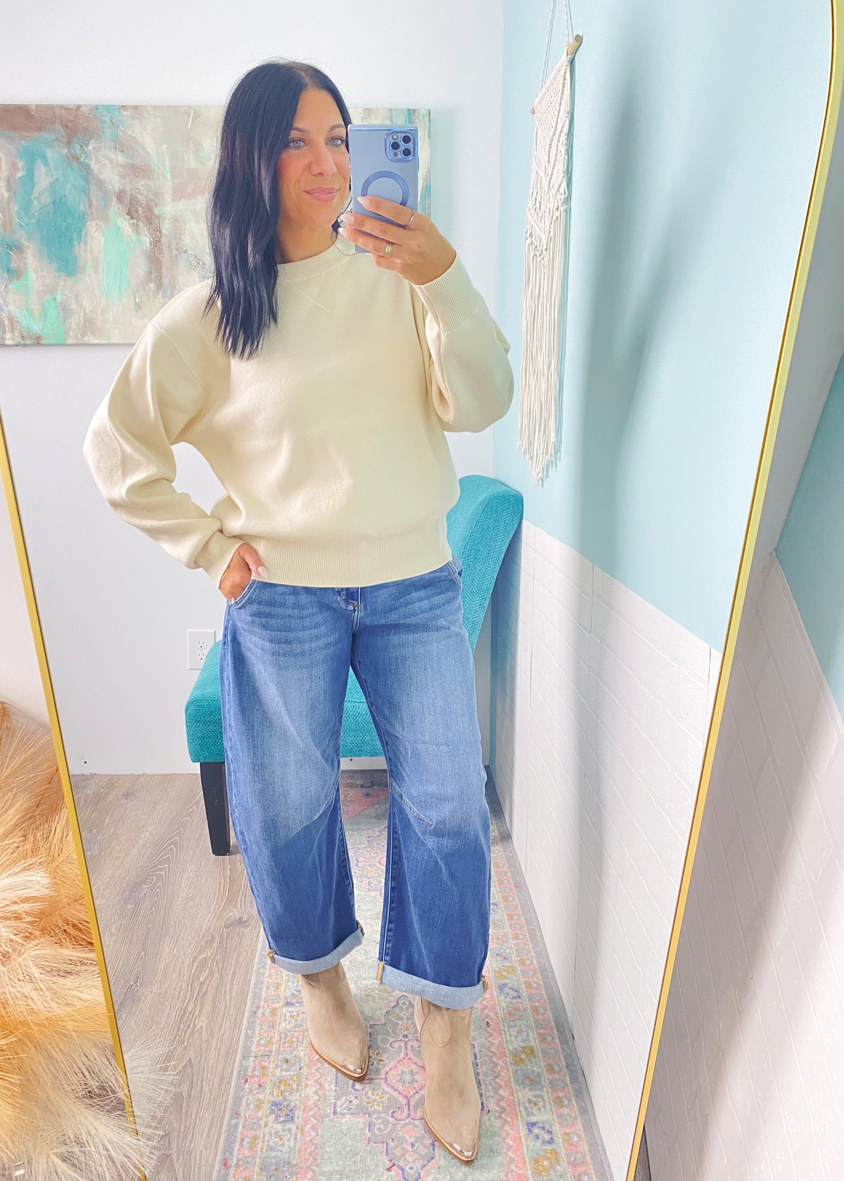 'Valley High' Vanilla Boyfriend Fit Ribbed Sweater