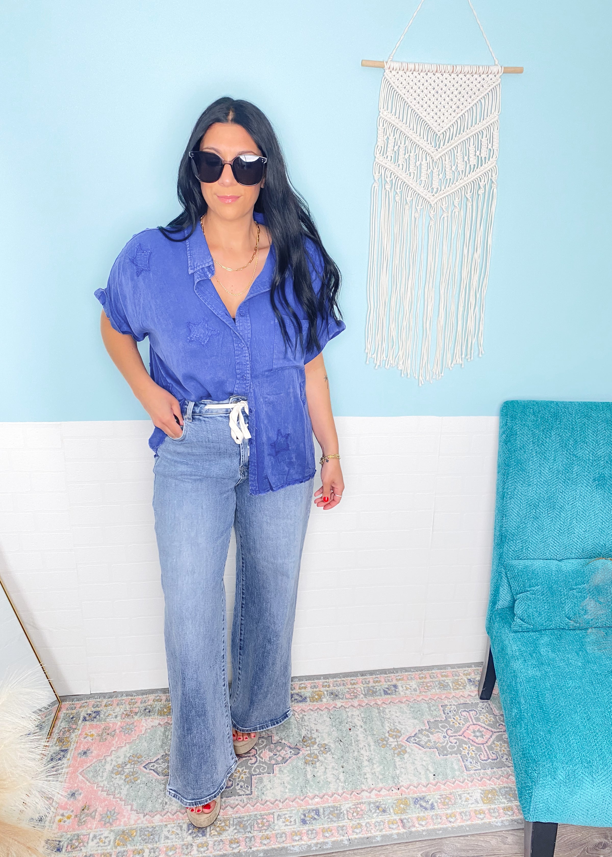 'Starstruck' Washed Blue Star Patch Soft Shirt-The tonal star patches on this shirt are the "stars" of the show, but the beyond soft and flowy fabric are a very close second! A fun and unique shirt for the summer bbq's and patriotic parties! 4th of July, Memorial Day shirts-Cali Moon Boutique, Plainville Connecticut