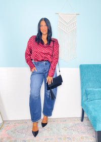 'The Fine Print' Burgundy Polka Dot Satin Top