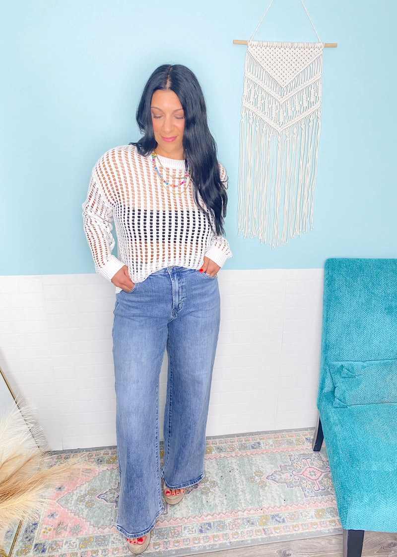 'Clear Skies' Ivory Open Knit Crochet Crew Neck Top-This ivory crochet open knit top is the Spring + Summer top you won't want to go without! Chic, slouchy fit with so many ways to layer or wear as a bathing suit coverup!-Cali Moon Boutique, Plainville Connecticut