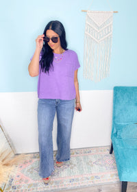 'Free to Dream' Lavender Textured Slub Boxy Top-This lavender top is your go-to for everyday chic. Made from a textured slub cotton giving it a substantial feel without being heavy. It features a relaxed boxy fit and stretch that drapes just right. Semi cropped for an effortless cool fit.-Cali Moon Boutique, Plainville Connecticut