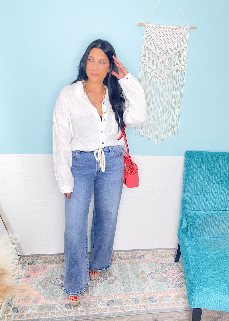 'Liberty' White Double Gauze Frayed Hem Shirt-This gauze button down shirt is a Spring + Summer essential for every closet, every year! Featuring a double gauze fabric, frayed hems giving it extra detail and functional buttons. Work & beach friendly!-Cali Moon Boutique, Plainville Connecticut