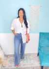 'Liberty' White Double Gauze Frayed Hem Shirt-This gauze button down shirt is a Spring + Summer essential for every closet, every year! Featuring a double gauze fabric, frayed hems giving it extra detail and functional buttons. Work & beach friendly!-Cali Moon Boutique, Plainville Connecticut