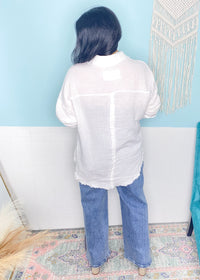 'Liberty' White Double Gauze Frayed Hem Shirt-This gauze button down shirt is a Spring + Summer essential for every closet, every year! Featuring a double gauze fabric, frayed hems giving it extra detail and functional buttons. Work & beach friendly!-Cali Moon Boutique, Plainville Connecticut
