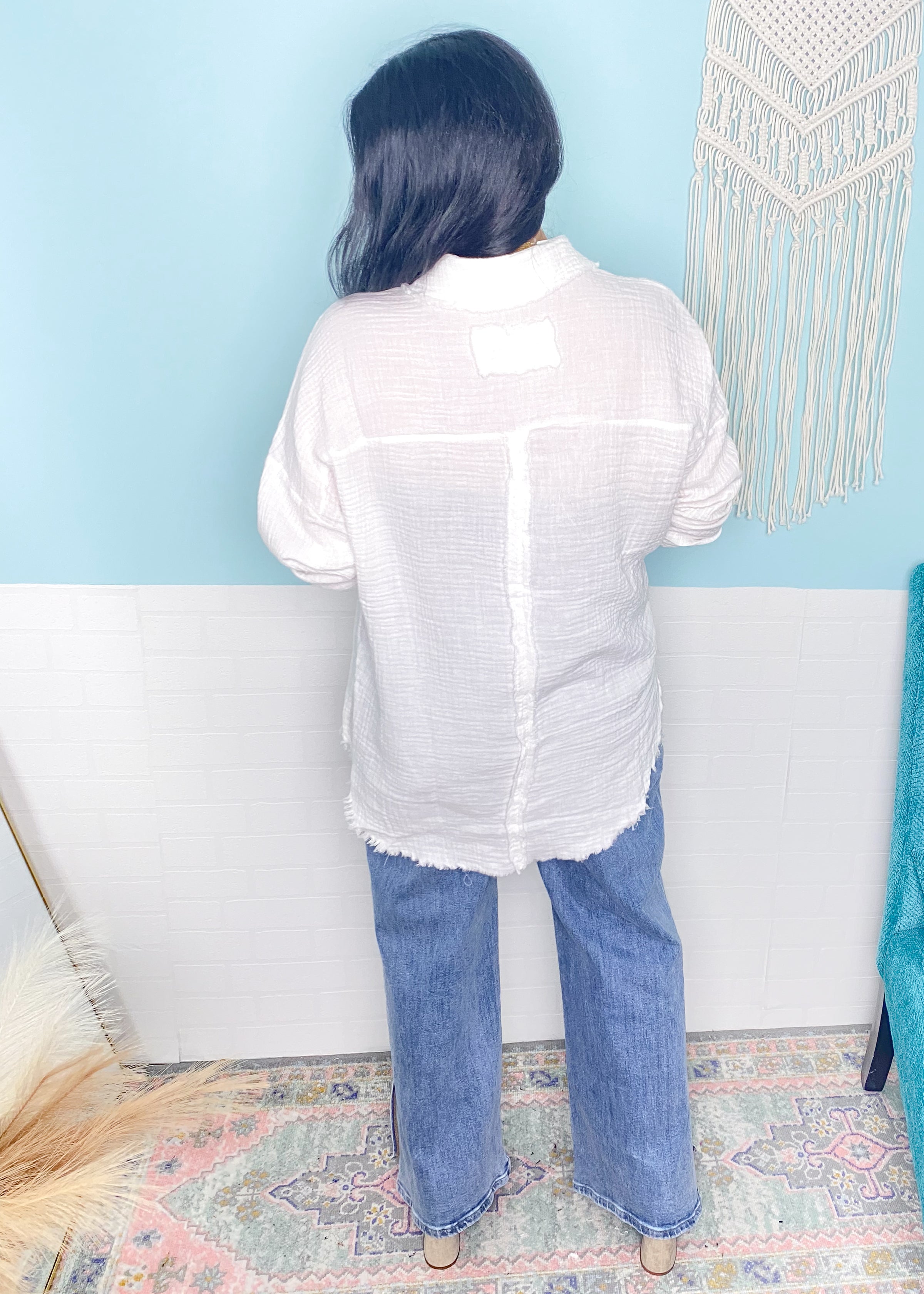 'Liberty' White Double Gauze Frayed Hem Shirt-This gauze button down shirt is a Spring + Summer essential for every closet, every year! Featuring a double gauze fabric, frayed hems giving it extra detail and functional buttons. Work & beach friendly!-Cali Moon Boutique, Plainville Connecticut