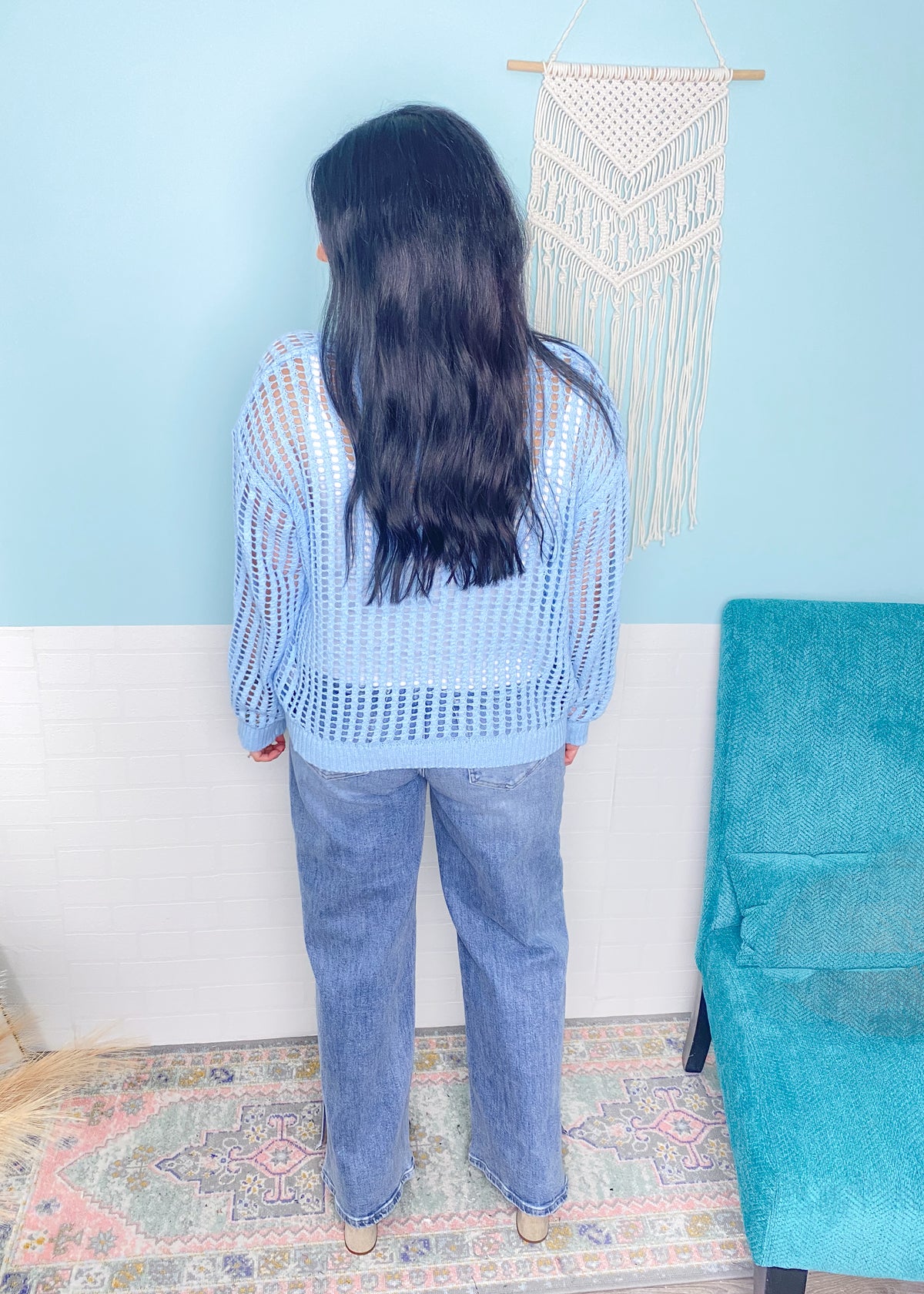 'Clear Skies' Light Blue Open Knit Crochet Crew Neck Top-This gorgeous light blue crochet open knit top is the Spring + Summer top you won't want to go without! Chic, slouchy fit with so many ways to layer or wear as a bathing suit coverup!-Cali Moon Boutique, Plainville Connecticut