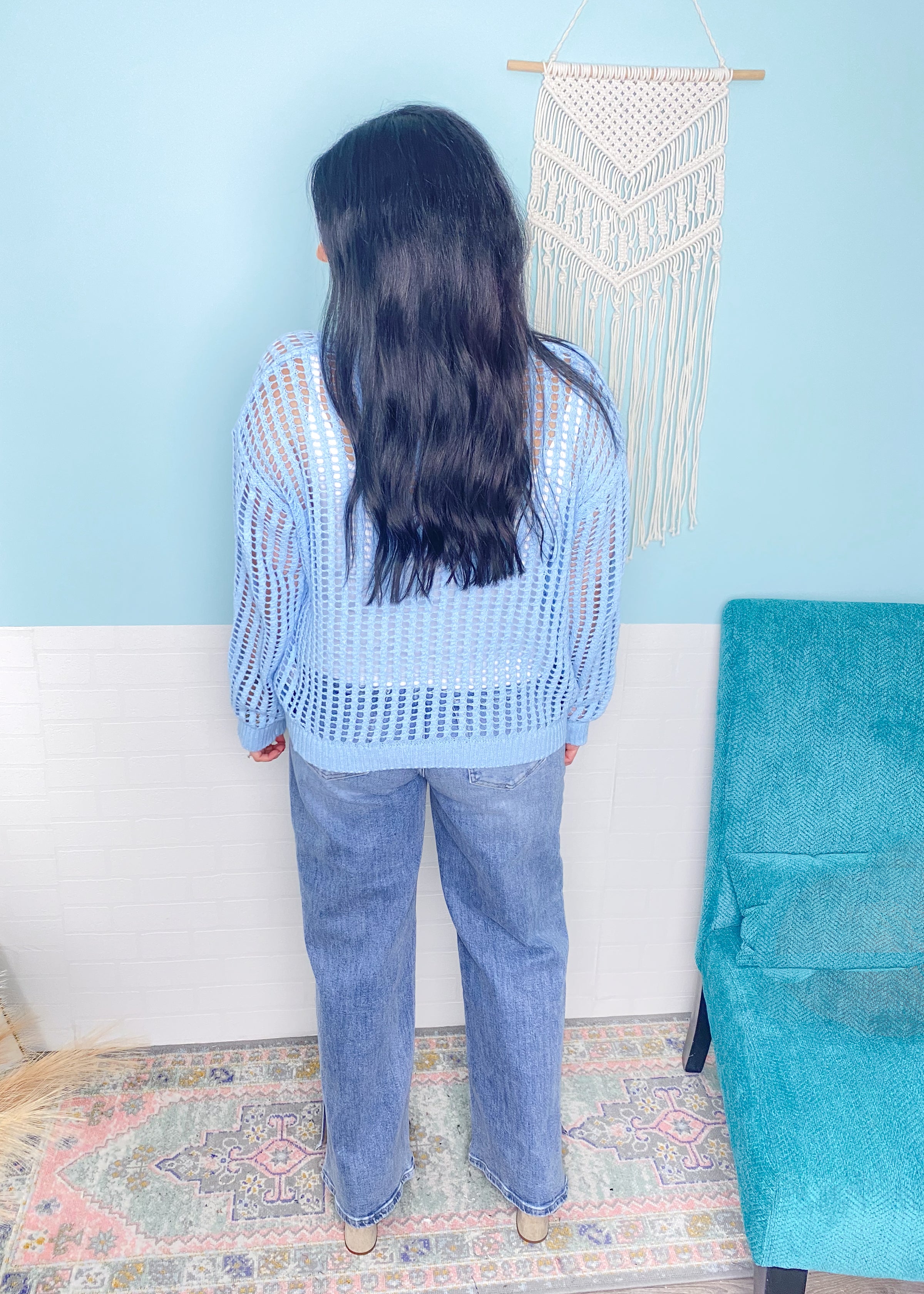 'Clear Skies' Light Blue Open Knit Crochet Crew Neck Top-This gorgeous light blue crochet open knit top is the Spring + Summer top you won't want to go without! Chic, slouchy fit with so many ways to layer or wear as a bathing suit coverup!-Cali Moon Boutique, Plainville Connecticut