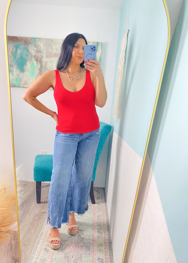 'Victory' Cherry Red Double Layered V-Neck Fitted Tank-A little bit of sexy with a lot of everyday function! Designed with a second-skin fit, the double-layered fabric of this tank offers a smooth, flattering and comfortable fit that you can wear alone or layered.-Cali Moon Boutique, Plainville Connecticut