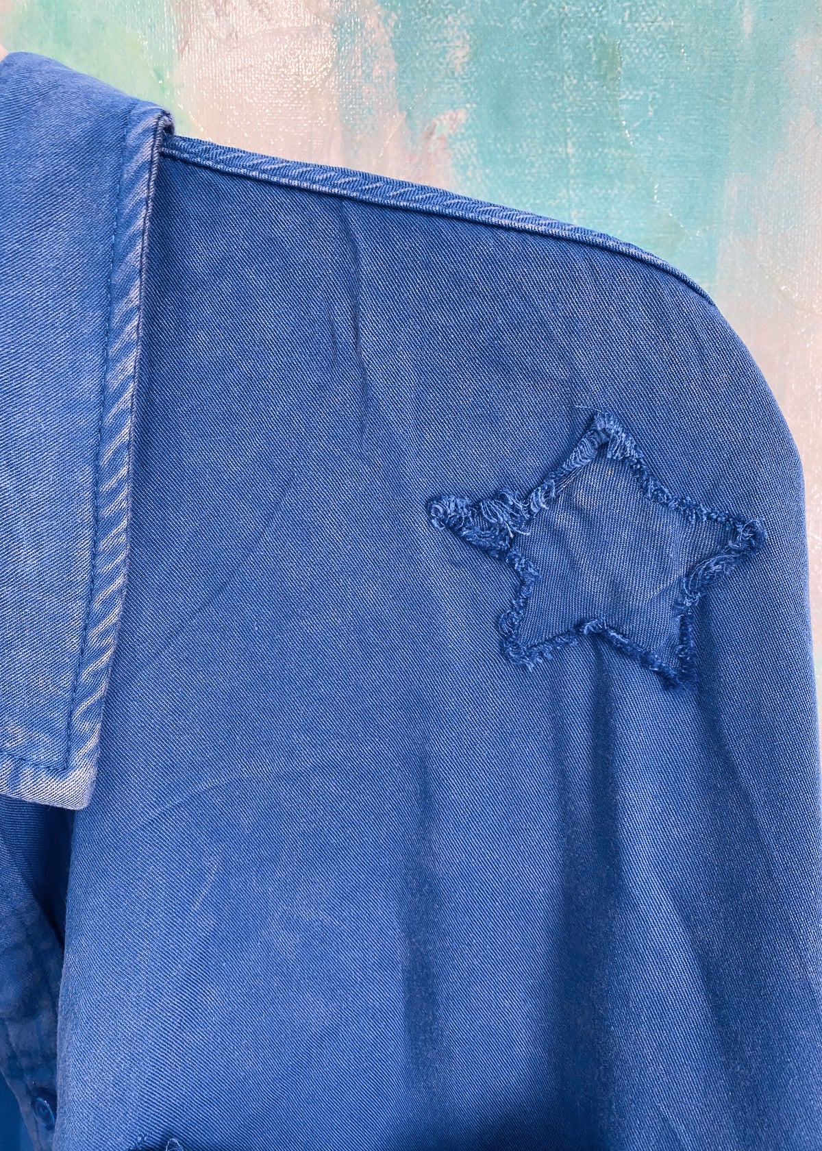 'Starstruck' Washed Blue Star Patch Soft Shirt-The tonal star patches on this shirt are the "stars" of the show, but the beyond soft and flowy fabric are a very close second! A fun and unique shirt for the summer bbq's and patriotic parties! 4th of July, Memorial Day shirts-Cali Moon Boutique, Plainville Connecticut