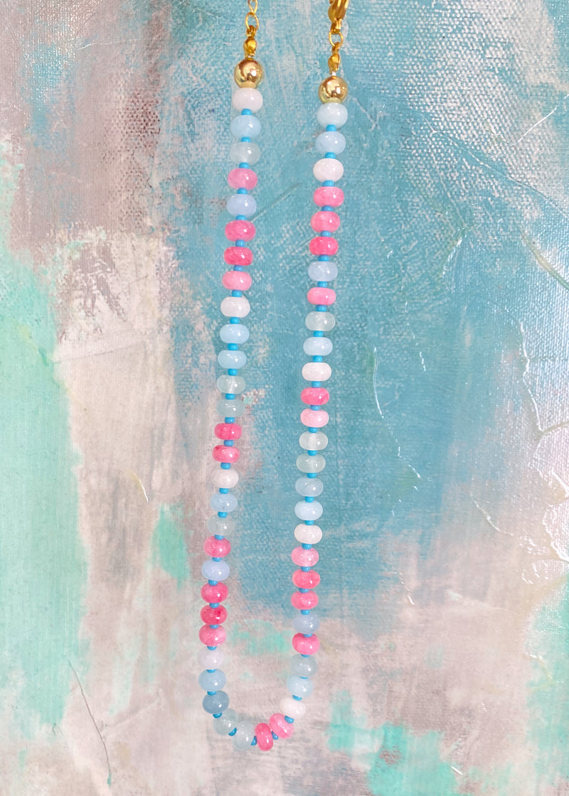 Coral Pink+ Blue Mix Large Gemstone Handmade Necklace-Handmade necklace with large gemstones in a coral pink + blue mix with gold hardware. Each necklace is unique, no two are the same! Elevates any outfit with this pop of color! -Cali Moon Boutique, Plainville Connecticut