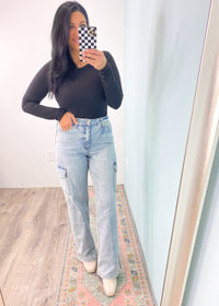 'Natalia' Vervet Light Wash 90's Vintage Straight Cargo Jeans-Going down memory lane in these light wash cargo jeans! These Vervet jeans have the 90's coveted cargo pocket but updated to a modern and chic look! High waist, full length, comfort stretch and straight wide leg. These look adorable with booties and heels just as well as with sneakers! Pair with oversized sweaters or tucked in tops.-Cali Moon Boutique, Plainville Connecticut
