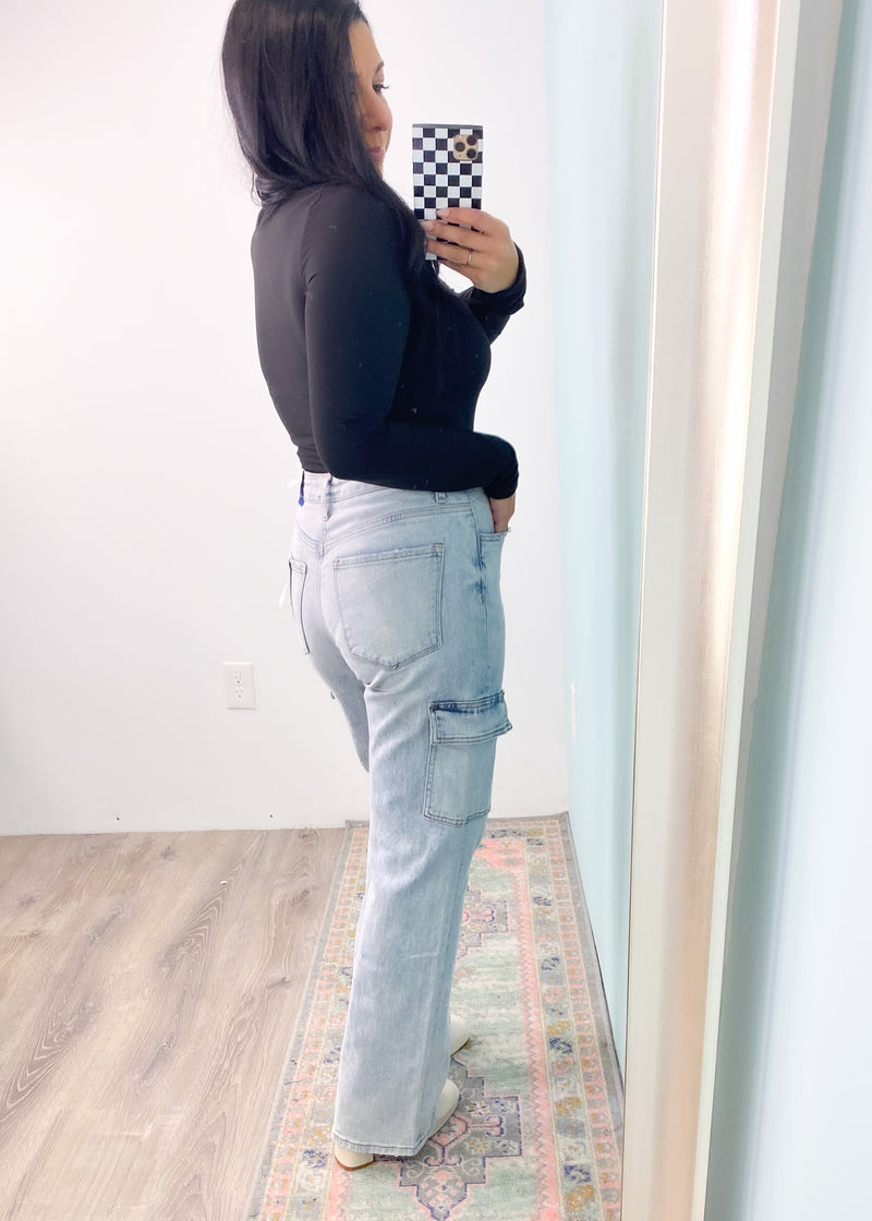 'Natalia' Vervet Light Wash 90's Vintage Straight Cargo Jeans-Going down memory lane in these light wash cargo jeans! These Vervet jeans have the 90's coveted cargo pocket but updated to a modern and chic look! High waist, full length, comfort stretch and straight wide leg. These look adorable with booties and heels just as well as with sneakers! Pair with oversized sweaters or tucked in tops.-Cali Moon Boutique, Plainville Connecticut