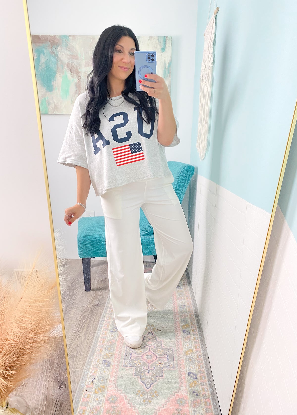 'USA' Heather Grey USA + Flag Oversized Semi Cropped Tee-This USA tee shirt has an oversized boxy fit in a semi cropped length perfect to pair with your Summer shorts or Fall time jeans. Simple + Patriotic. 4th of July, Memorial Day Tee shirts -Cali Moon Boutique, Plainville Connecticut