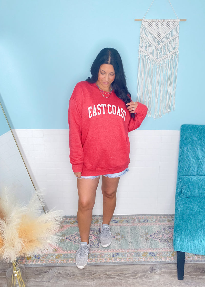 'East Coast' Heather Red Vintage Varsity Ultra Cozy Sweatshirt-**CUSTOMER FAVORITE BRAND** Time and time again, these ultra cozy sweatshirts are a customer fav for good reason! Rep your love for the East Coast with this Vintage Distressed design!-Cali Moon Boutique, Plainville Connecticut