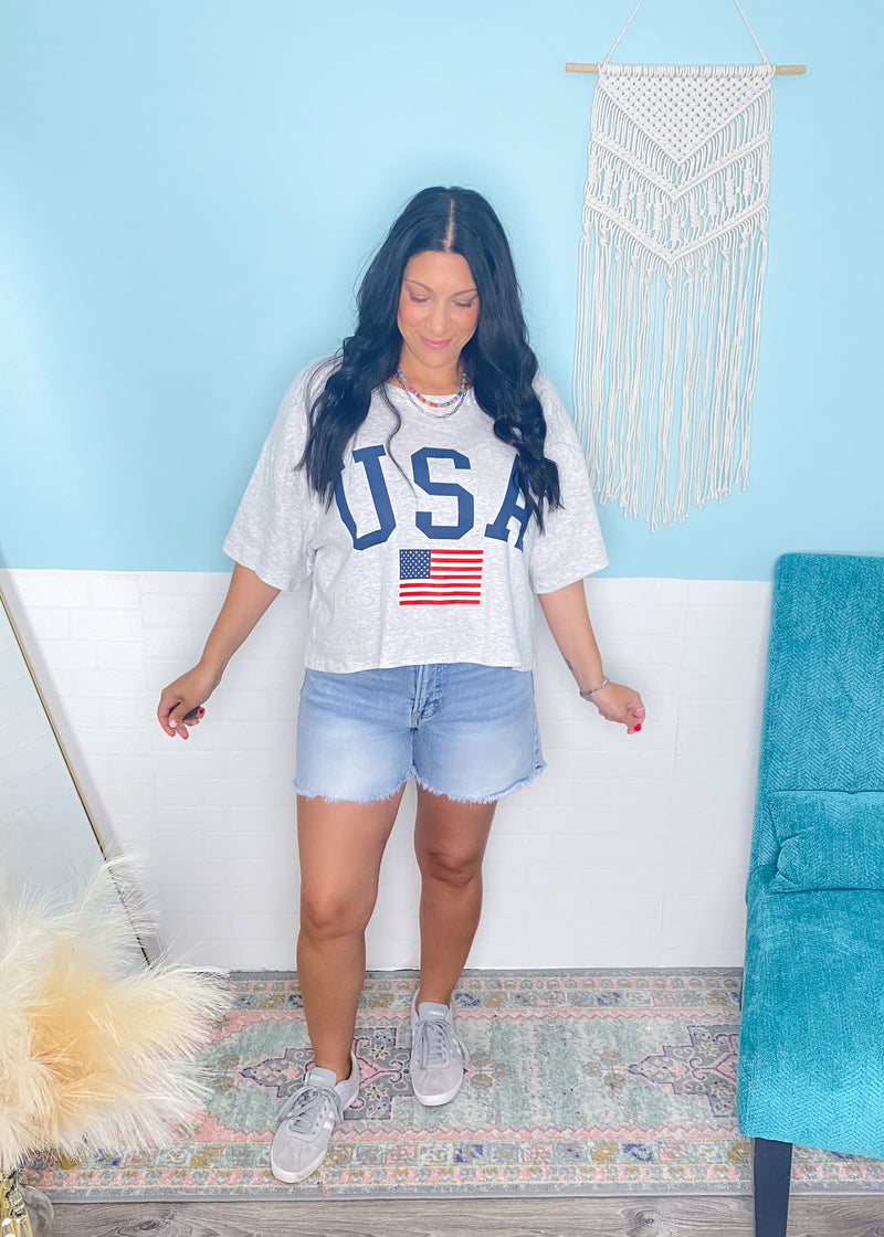 'USA' Heather Grey USA + Flag Oversized Semi Cropped Tee-This USA tee shirt has an oversized boxy fit in a semi cropped length perfect to pair with your Summer shorts or Fall time jeans. Simple + Patriotic. 4th of July, Memorial Day Tee shirts -Cali Moon Boutique, Plainville Connecticut