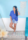 'Starstruck' Washed Blue Star Patch Soft Shirt-The tonal star patches on this shirt are the "stars" of the show, but the beyond soft and flowy fabric are a very close second! A fun and unique shirt for the summer bbq's and patriotic parties! 4th of July, Memorial Day shirts-Cali Moon Boutique, Plainville Connecticut