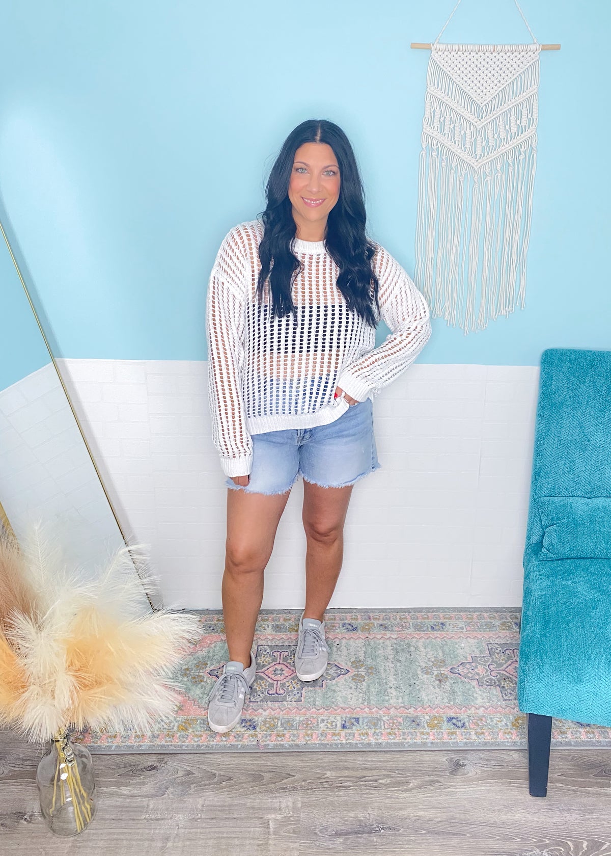 'Clear Skies' Ivory Open Knit Crochet Crew Neck Top-This ivory crochet open knit top is the Spring + Summer top you won't want to go without! Chic, slouchy fit with so many ways to layer or wear as a bathing suit coverup!-Cali Moon Boutique, Plainville Connecticut