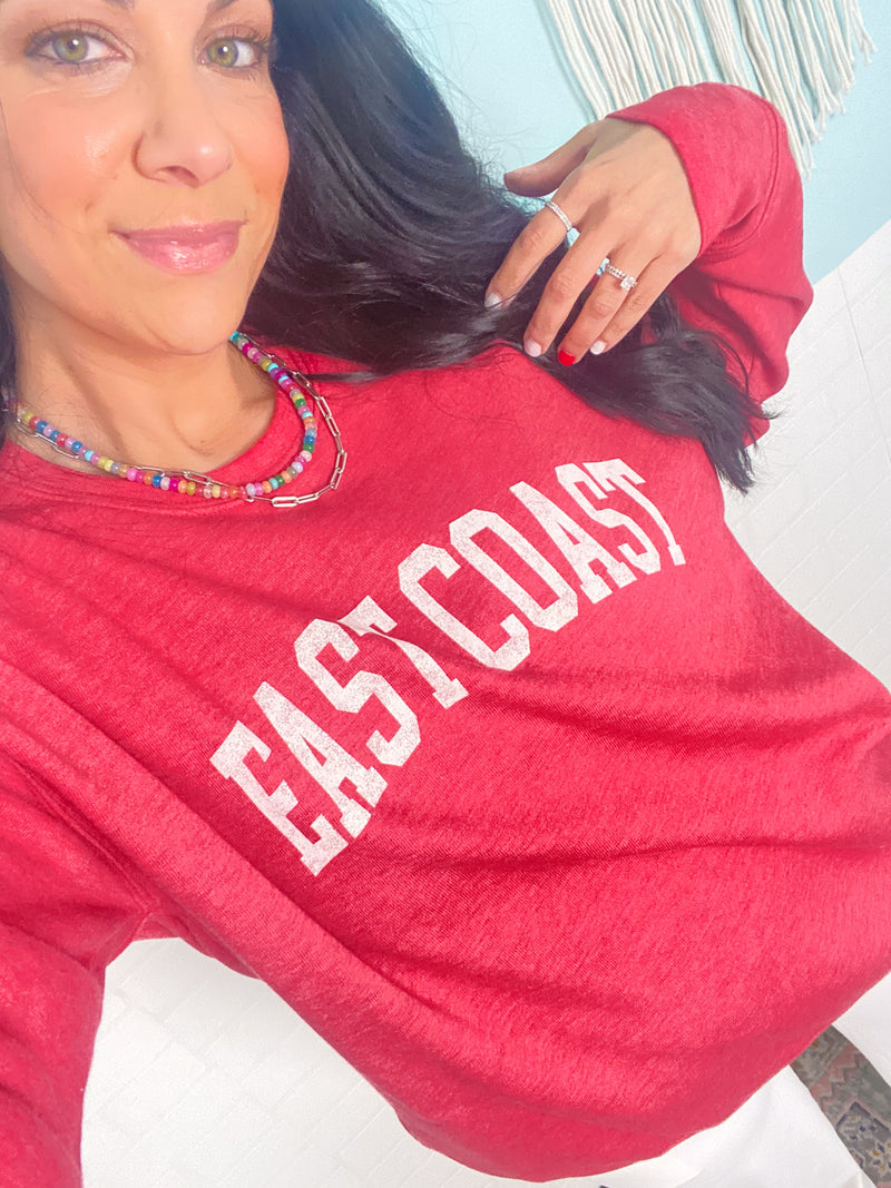 'East Coast' Heather Red Vintage Varsity Ultra Cozy Sweatshirt-**CUSTOMER FAVORITE BRAND** Time and time again, these ultra cozy sweatshirts are a customer fav for good reason! Rep your love for the East Coast with this Vintage Distressed design!-Cali Moon Boutique, Plainville Connecticut