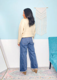 'Sadie' Risen Wide Leg Cropped Step Cut Hem Jeans