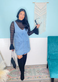 'Americana' Light Wash Denim Overall Dress-This overall jean dress is the most perfect addition to your denim obsession! A year 'round piece that features adjustable straps, front pockets and scoop back making it great for all types of layering tops.-Cali Moon Boutique, Plainville Connecticut