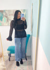 'Miranda' Black Stretchy Lace Bell Sleeve-This black lace top is giving all the sass with the layered bell sleeves. It features a super stretchy and soft lace fabric, a low mock neck and a multi layered bell sleeve.-Cali Moon Boutique, Plainville Connecticut
