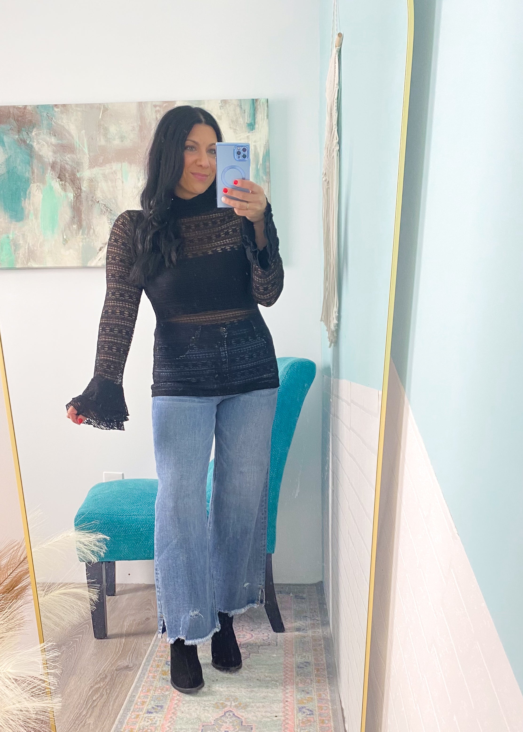 'Miranda' Black Stretchy Lace Bell Sleeve-This black lace top is giving all the sass with the layered bell sleeves. It features a super stretchy and soft lace fabric, a low mock neck and a multi layered bell sleeve.-Cali Moon Boutique, Plainville Connecticut