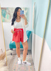 'Firecracker' Red Mineral Washed Gauze Shorts-The ultimate cozy gauze cotton fabric shorts in a Summer perfect red color with a contrast blue/white drawstring. You'll be the envy of the bbq!-Cali Moon Boutique, Plainville Connecticut