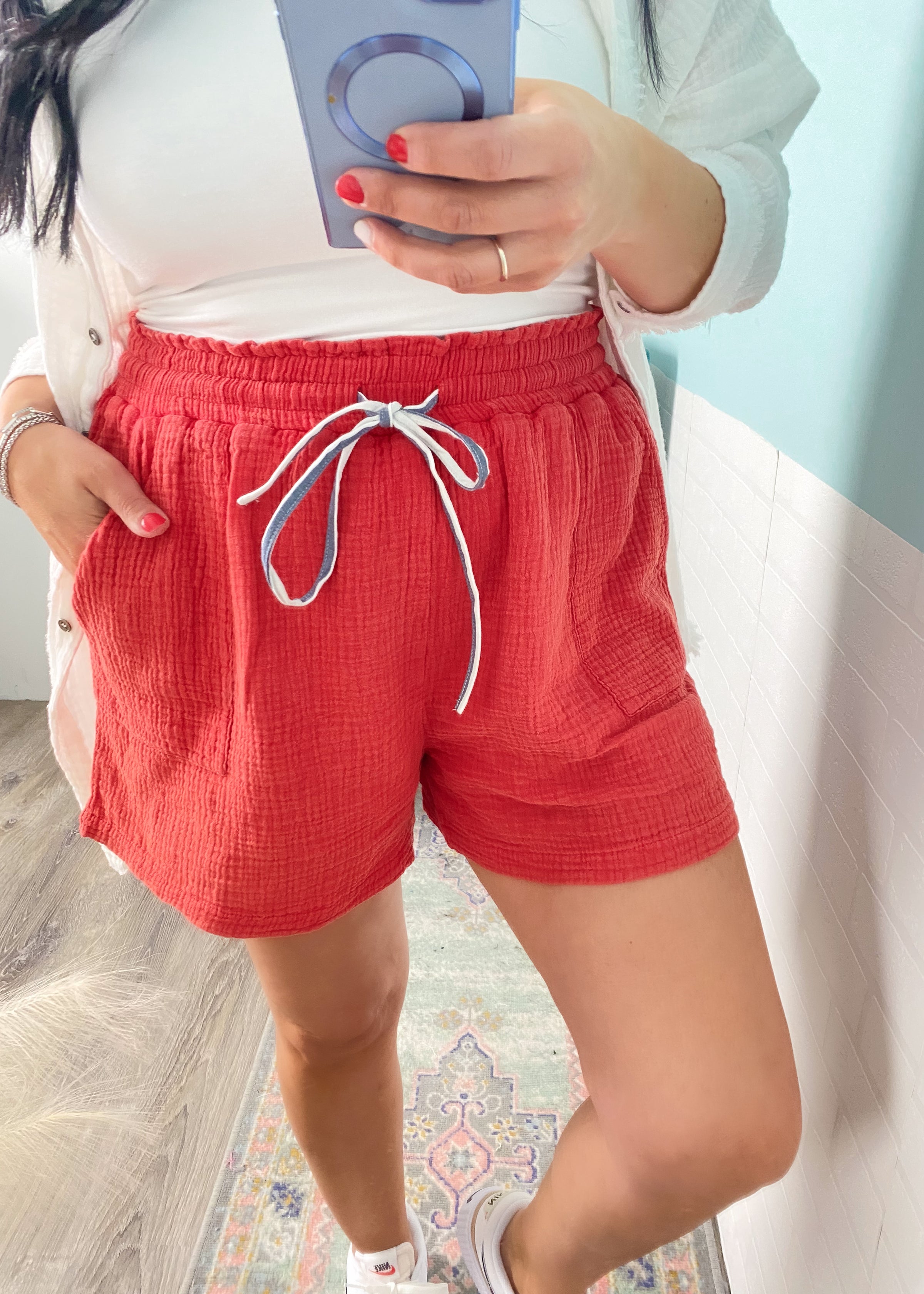 'Firecracker' Red Mineral Washed Gauze Shorts-The ultimate cozy gauze cotton fabric shorts in a Summer perfect red color with a contrast blue/white drawstring. You'll be the envy of the bbq!-Cali Moon Boutique, Plainville Connecticut