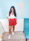 'Firecracker' Red Mineral Washed Gauze Shorts-The ultimate cozy gauze cotton fabric shorts in a Summer perfect red color with a contrast blue/white drawstring. You'll be the envy of the bbq!-Cali Moon Boutique, Plainville Connecticut