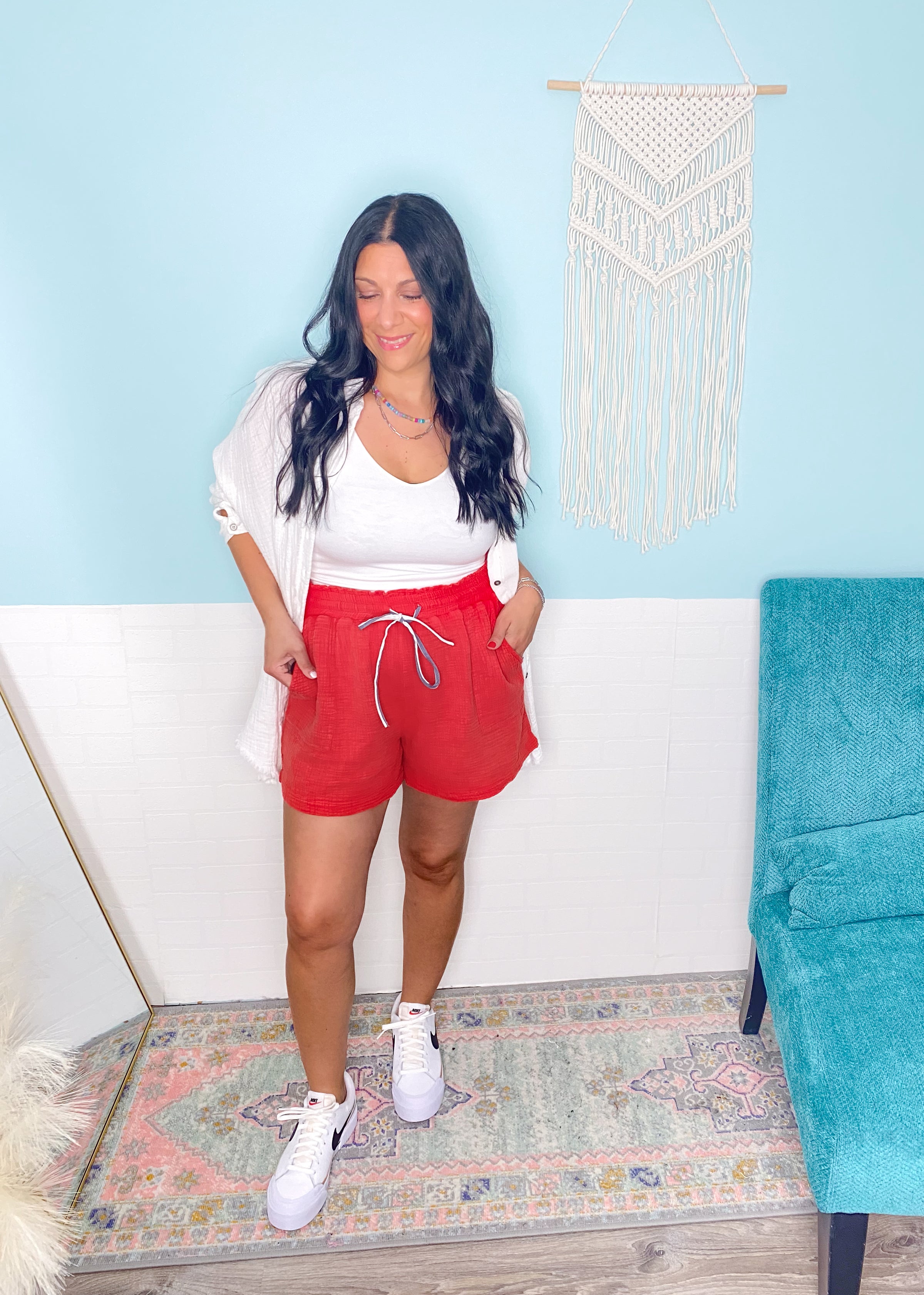 'Firecracker' Red Mineral Washed Gauze Shorts-The ultimate cozy gauze cotton fabric shorts in a Summer perfect red color with a contrast blue/white drawstring. You'll be the envy of the bbq!-Cali Moon Boutique, Plainville Connecticut