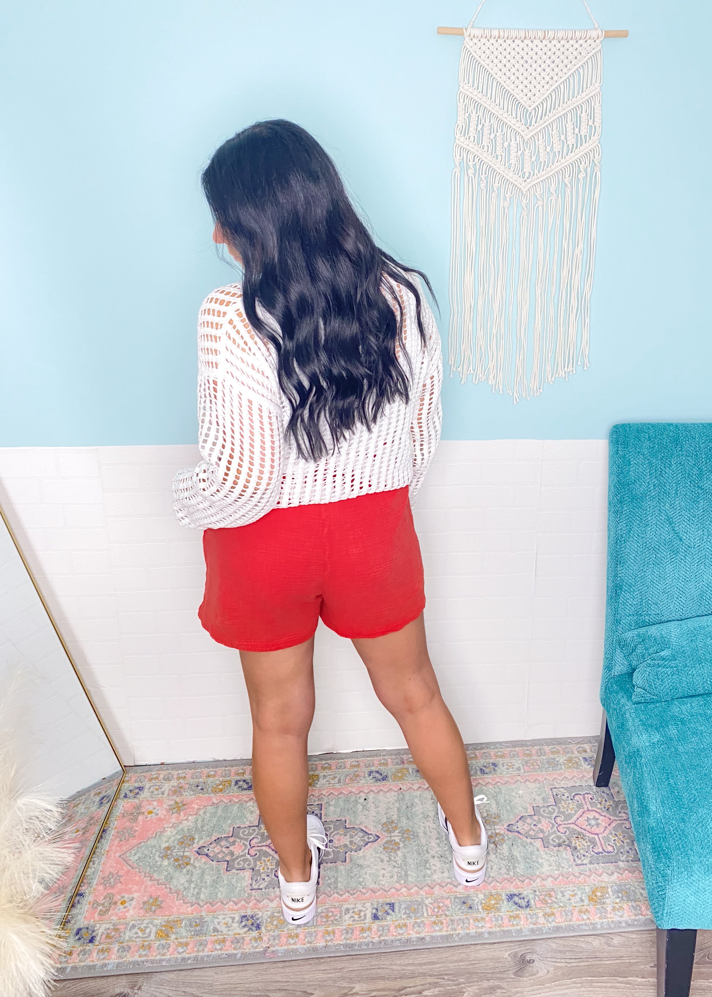 'Firecracker' Red Mineral Washed Gauze Shorts-The ultimate cozy gauze cotton fabric shorts in a Summer perfect red color with a contrast blue/white drawstring. You'll be the envy of the bbq!-Cali Moon Boutique, Plainville Connecticut
