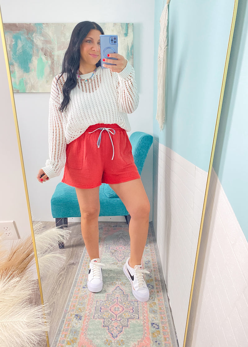 'Firecracker' Red Mineral Washed Gauze Shorts-The ultimate cozy gauze cotton fabric shorts in a Summer perfect red color with a contrast blue/white drawstring. You'll be the envy of the bbq!-Cali Moon Boutique, Plainville Connecticut