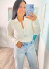 Ivory Ribbed Knit Top With Polo Collar