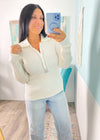 Ivory Ribbed Knit Top With Polo Collar