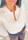 Ivory Ribbed Knit Top With Polo Collar