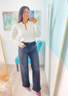 Ivory Ribbed Knit Top With Polo Collar