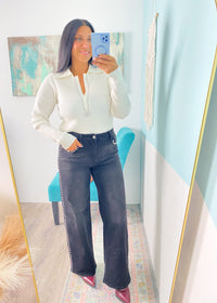 Ivory Ribbed Knit Top With Polo Collar