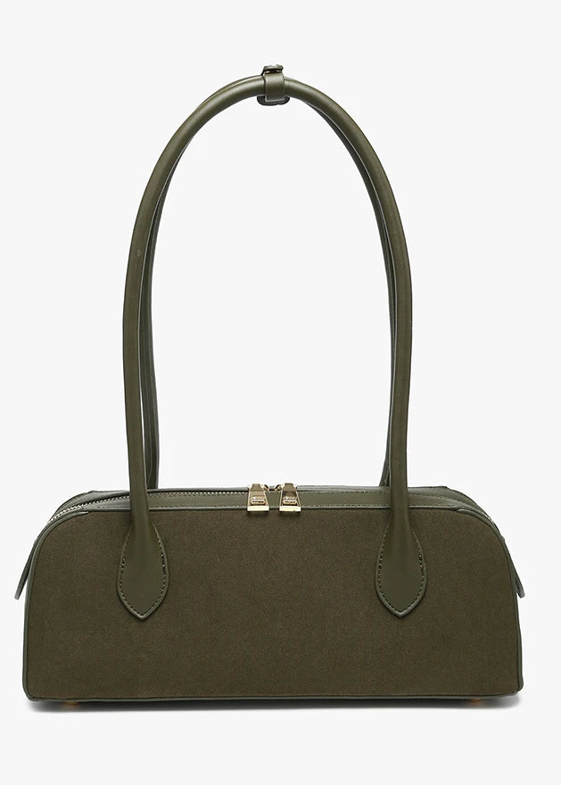 Olive Faux Suede Baguette Shoulder Bag