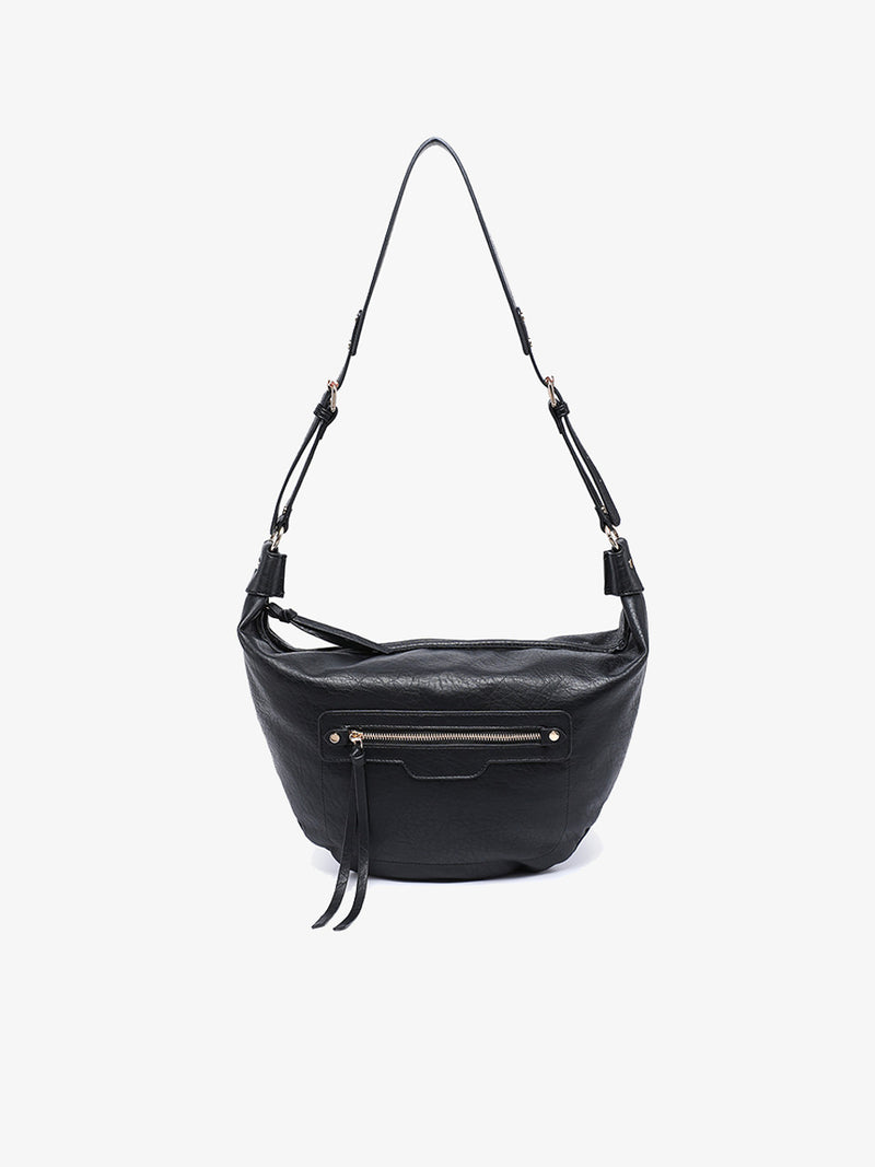 Black slouchy faux leather hobo bag with a strap