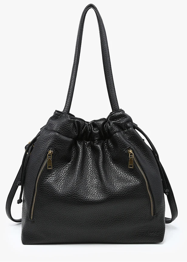 Black Pebble Faux Leather Drawstring Tote
