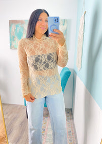 Mocha Ruffle Trim Sheer Lace Long Sleeve Top