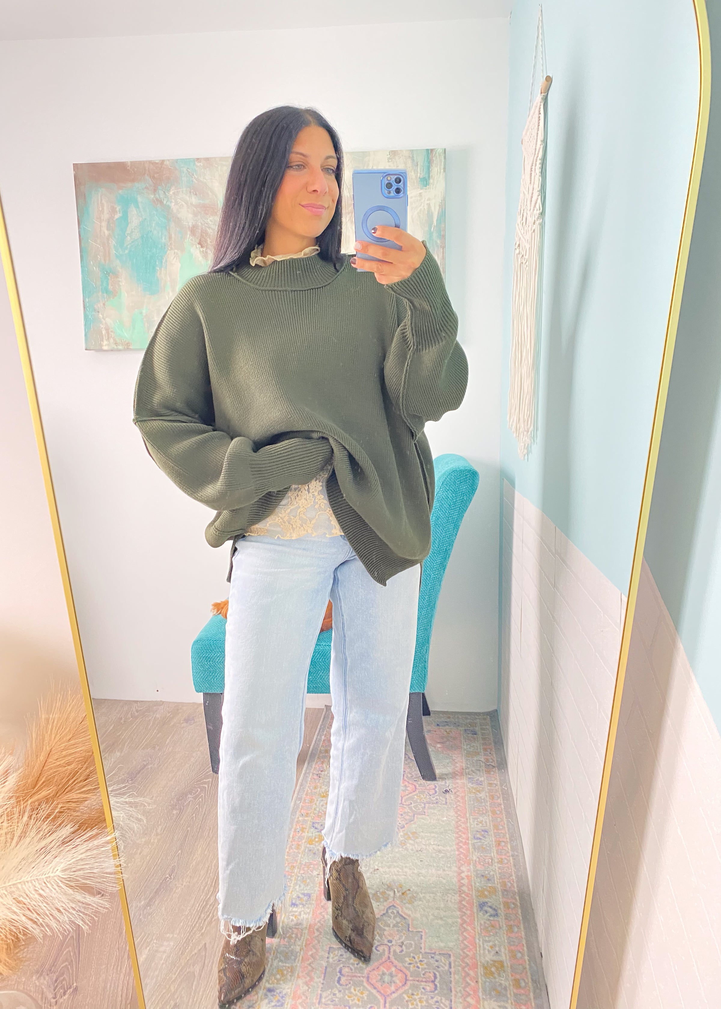 Mocha Ruffle Trim Sheer Lace Long Sleeve Top