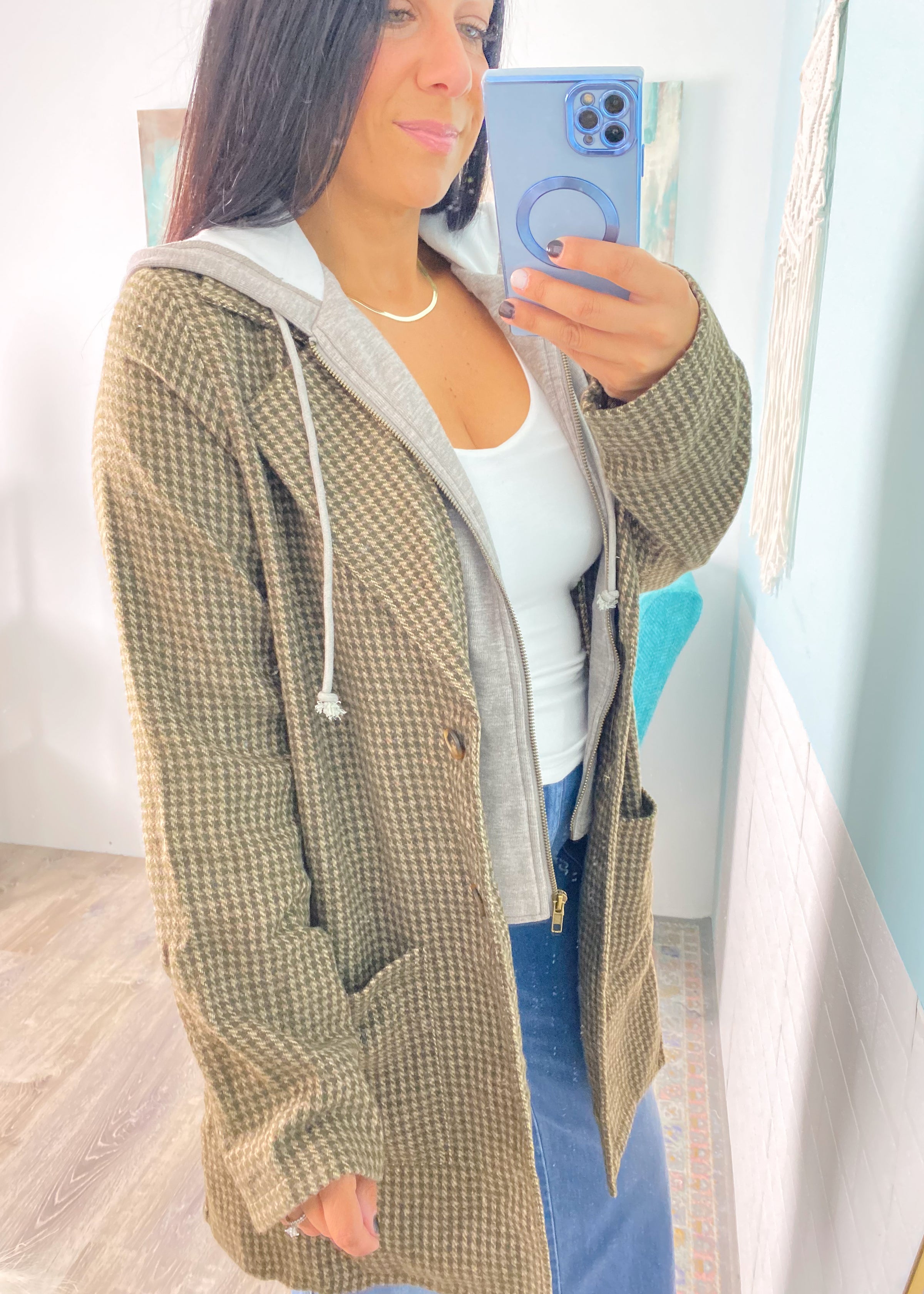 Olive Houndstooth Two-Fer Coat