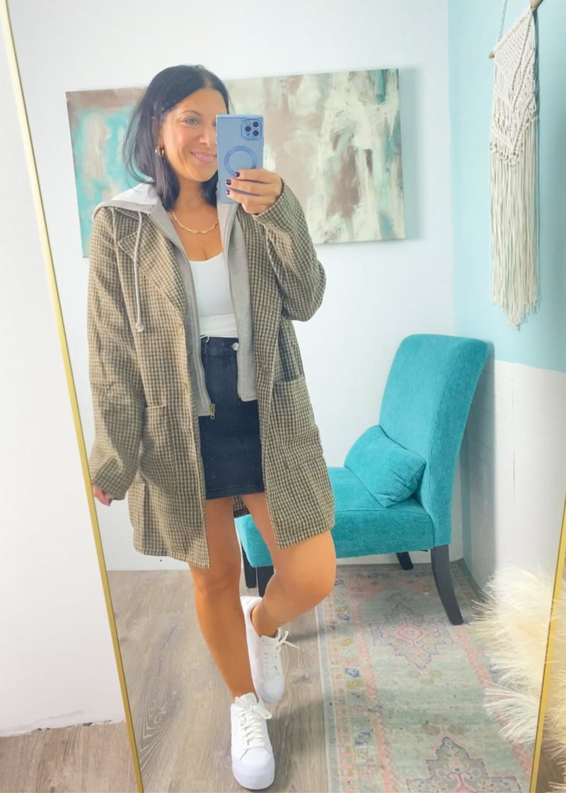 Olive Houndstooth Two-Fer Coat