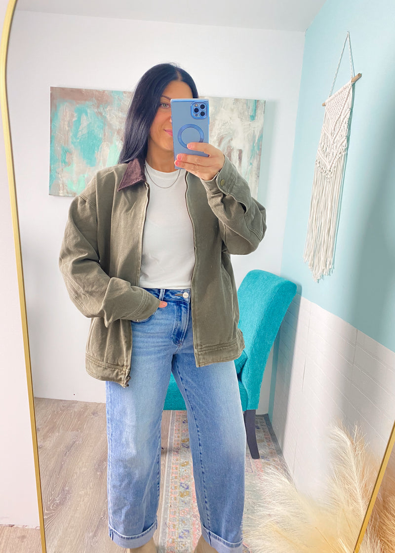 Olive Twill Barn Jacket with Corduroy Collar