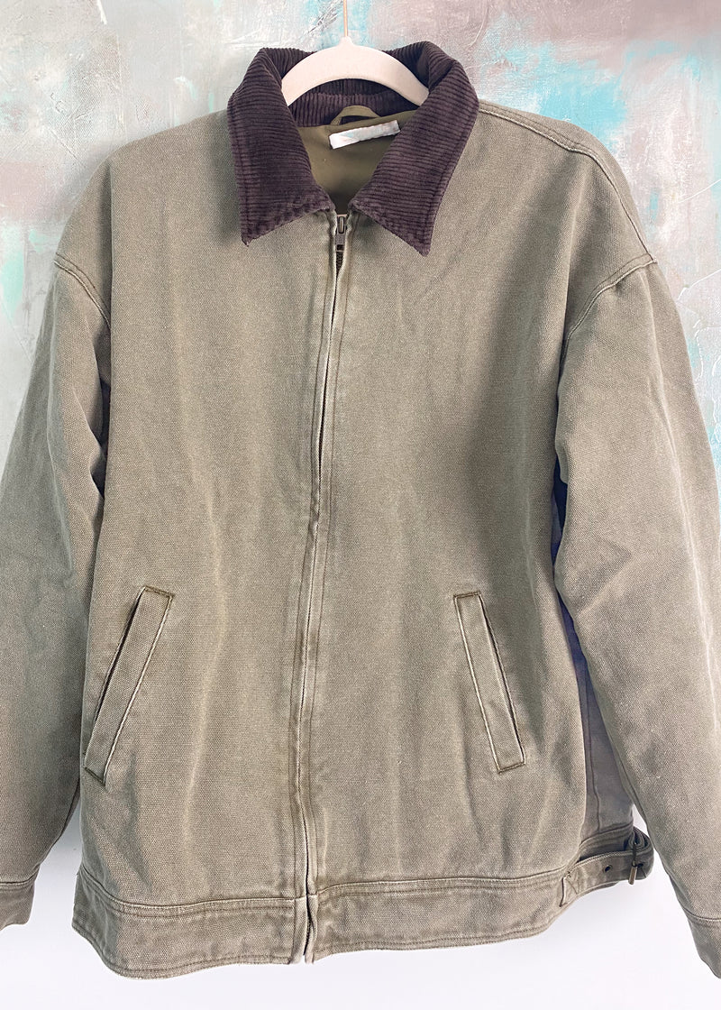 Olive Twill Barn Jacket with Corduroy Collar
